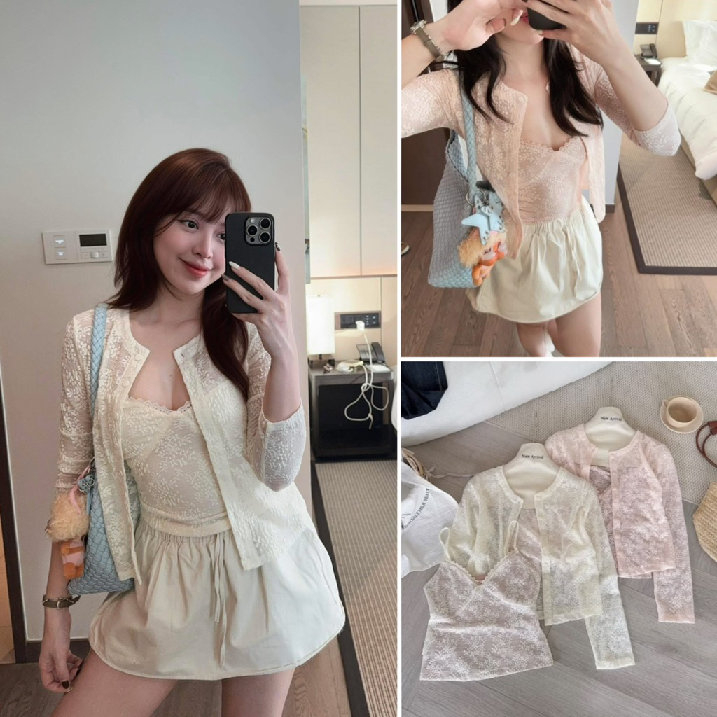 [Hàng L1 sẵn] Set ren hoa nổi 2 món: Áo hai dây ren ngực cổ V sexy kèm áo cardigan LOVELY SET | BigBuy360 - bigbuy360.vn
