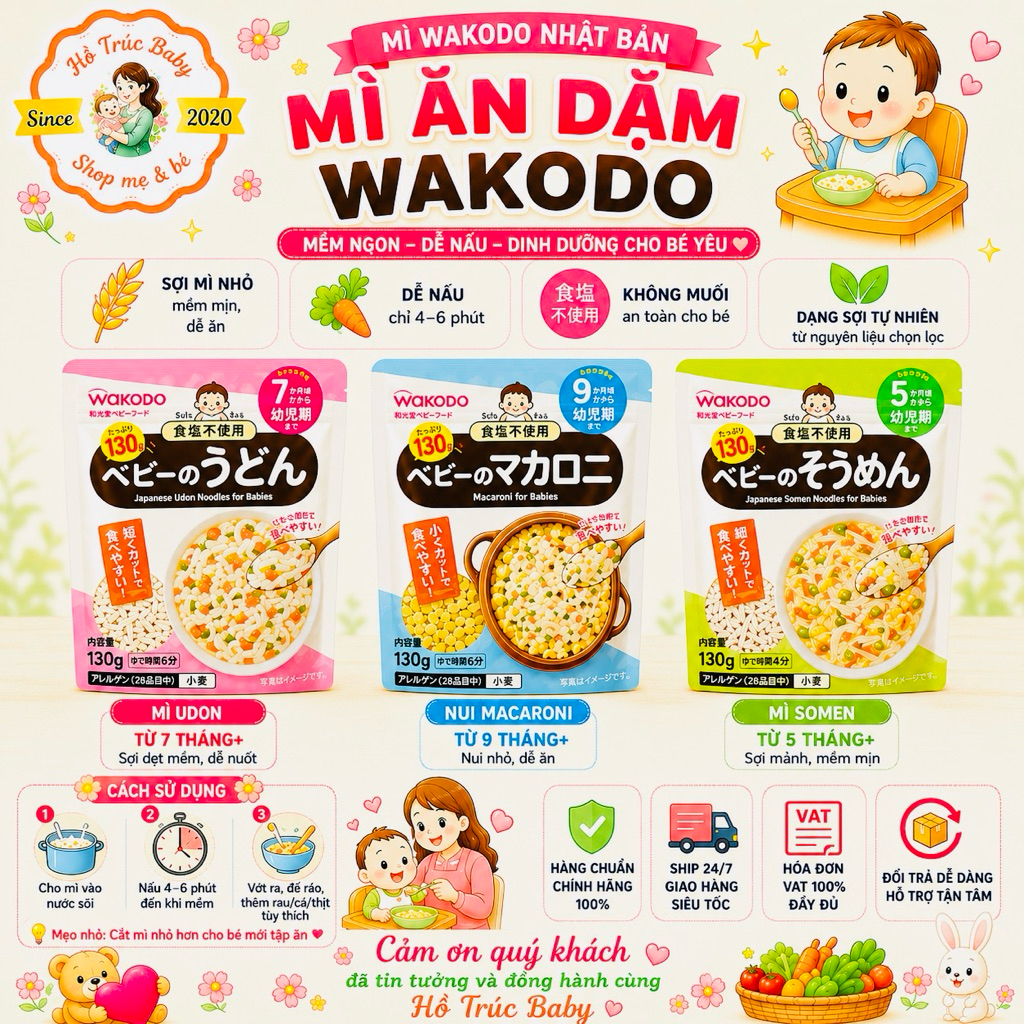 Mì Somen, Udon, Nui WAKODO Nhật Bản Cho Bé Ăn Dặm