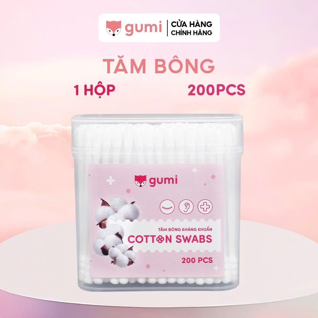 Hộp 200 Chiếc Tăm Bông Ngoáy Tai Người Lớn GUMI Bông Thiên Nhiên, Mềm Mại