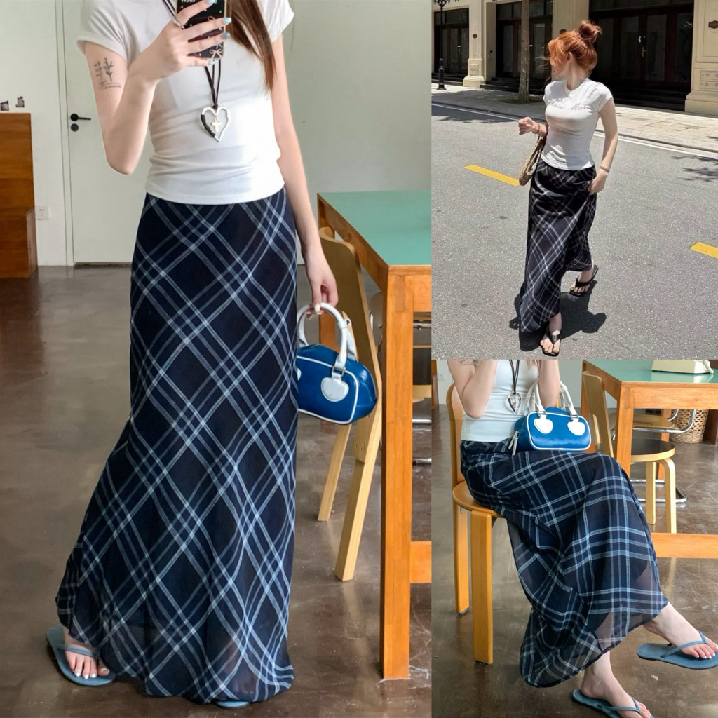 [Nhà Tẹo] Chân váy voan dài dáng đuôi cá hoạ tiết kẻ chéo/ chấm bi hai lớp “BIGO” | BigBuy360 - bigbuy360.vn