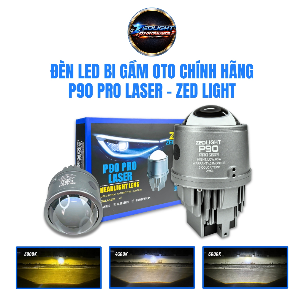 Đèn LED Bi Gầm Oto P90 Pro Laser ZED LIGHT - 3 Gam Màu Đèn Gầm Ô Tô, Trợ Sáng Xe Máy Chống Nước IP68