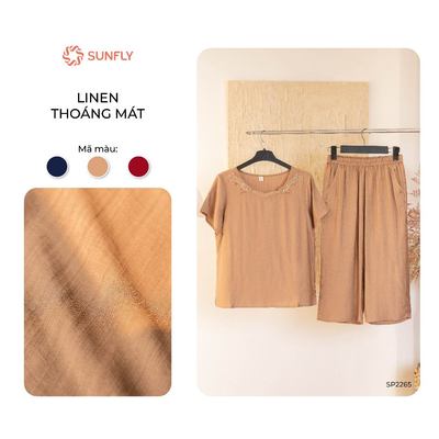 Bộ mặc nhà nữ trung niên SUNFLY linen mềm mát áo cộc quần ngố SP2265
