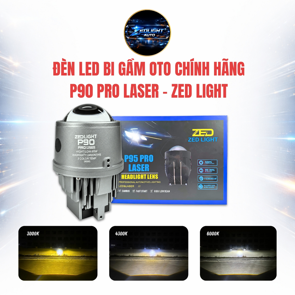 Đèn Bi Gầm Oto P90 Pro Laser ZED LIGHT - 3 Gam Màu Đèn Gầm Ô Tô, Trợ Sáng Xe Máy Chống Nước IP68