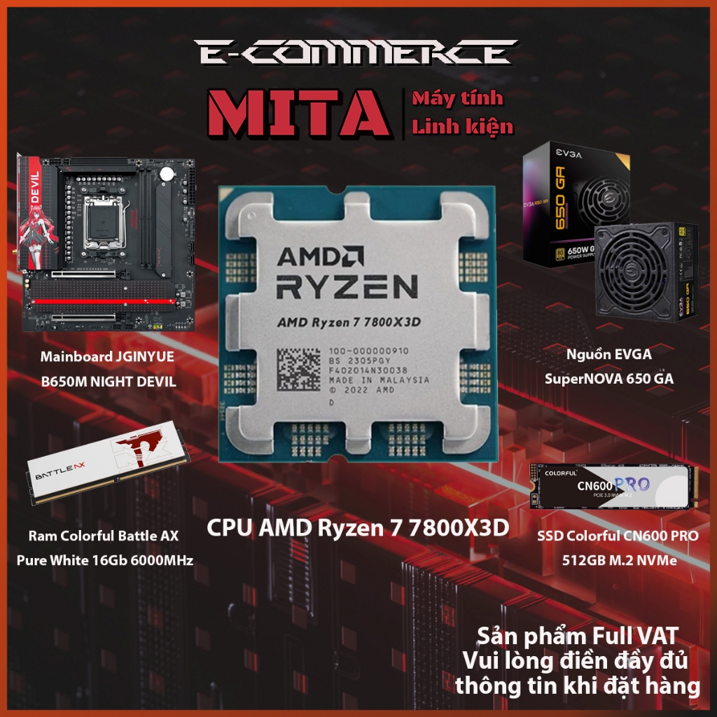 PC CPU AMD RYZEN 7 7800X3D + B650M + 16GB 6000MHz  + 650W Bảo hành 36T MITA  KINETIC R7 7800X 3D MIT