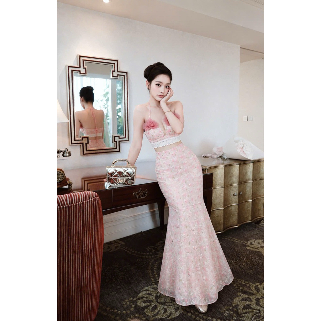 Set hoa xô thêu áo bikini yếm hoa phối ren + cv đuôi cá
