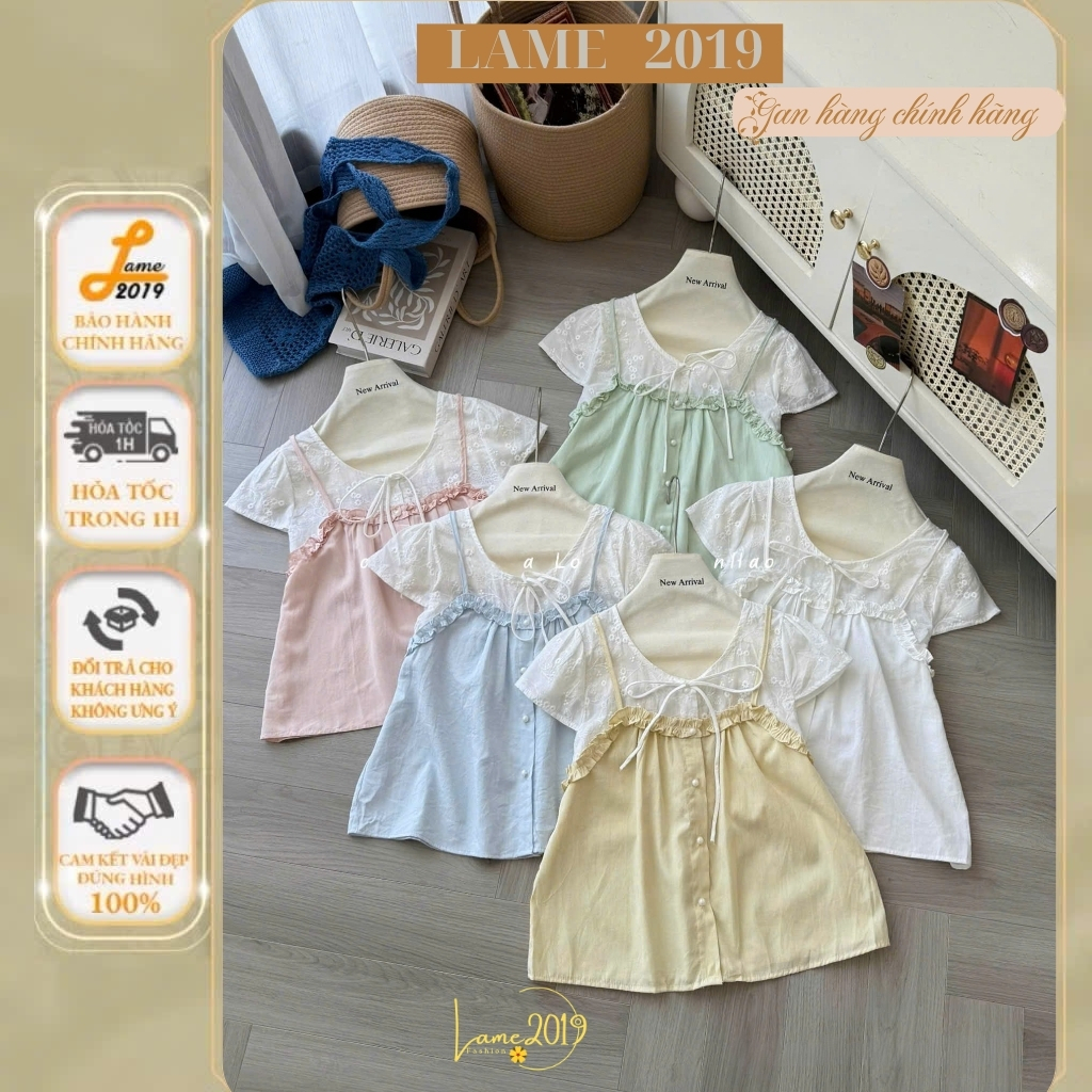 Áo Kiểu Babydoll Hai Món Layer Phối Ren Thêu Hoa Dáng Xòe Tiểu Thư Áo Thun Nữ Tay Ngắn Kèm Áo Dây Bè