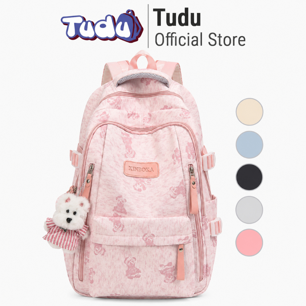 Balo Nữ Đi Học Chống Nước Tudu 017 Kèm Gấu Bông Cute, Balo Laptop 14 Inch Hàn Quốc Nhẹ Đẹp Đi Chơi