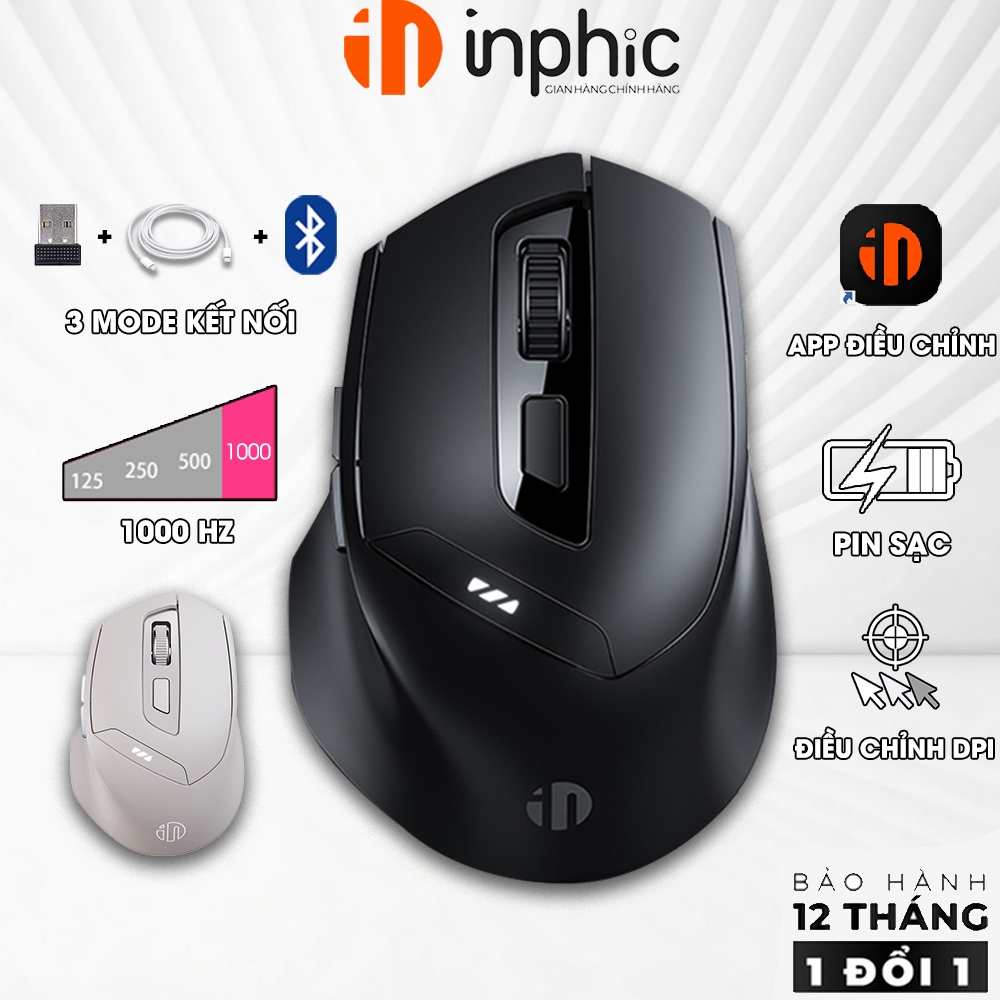 Chuột không dây bluetooth INPHIC DR01 V2 gaming silent sạc pin công thái học máy tính 3 mode kết nối