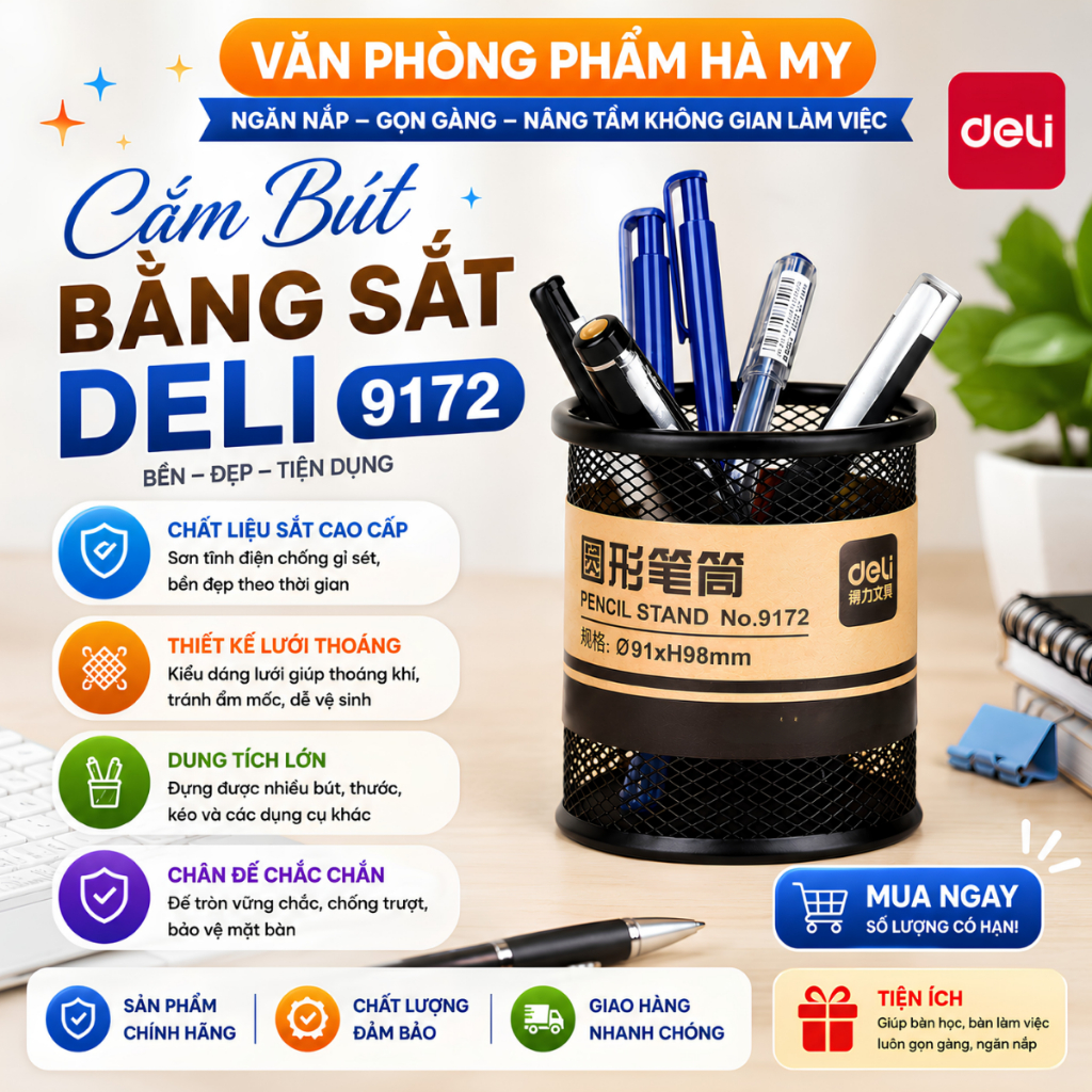 Cốc Cắm Bút Đứng Deli 9172 Sắt sơn tĩnh điện, thiết kế gọn nhẹ, đơn giản