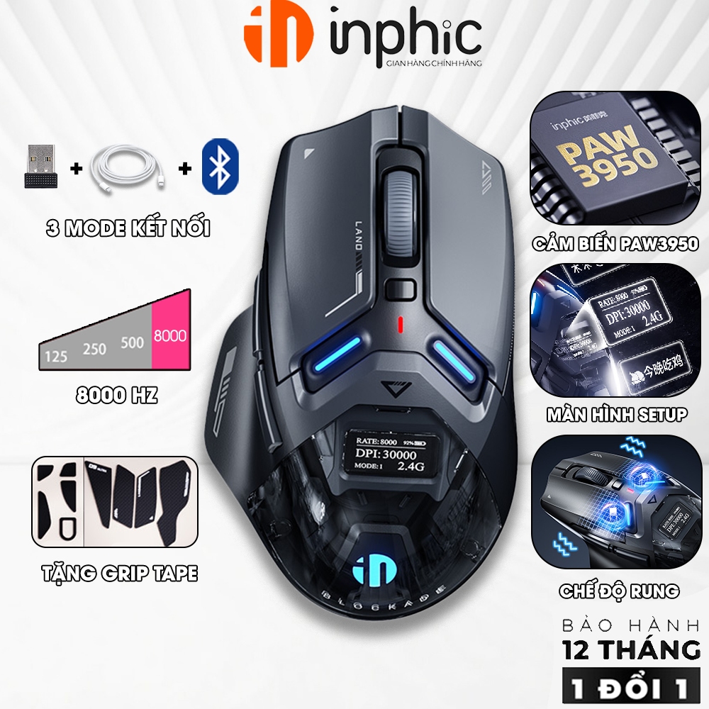 Chuột không dây gaming 8Khz NPHIC IN9 ULTRA click rung màn hình tùy chỉnh PAW3950 chip KP905B 3 mode