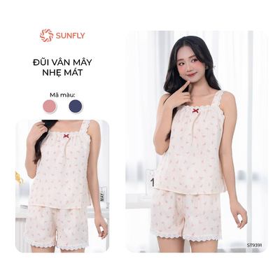 Đồ bộ mặc nhà SUNFLY nữ đũi vân mây áo hai dây quần sooc họa tiết nơ xinh xắn trẻ trung ST9391