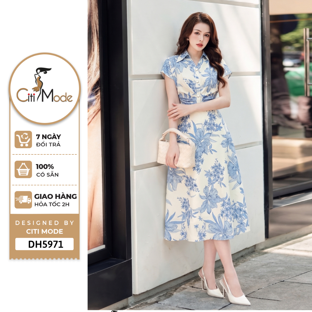 Đầm công sở CITI MODE FASHION thiết kế Đầm xòe hoa xanh cổ đức nhún eo DH5971