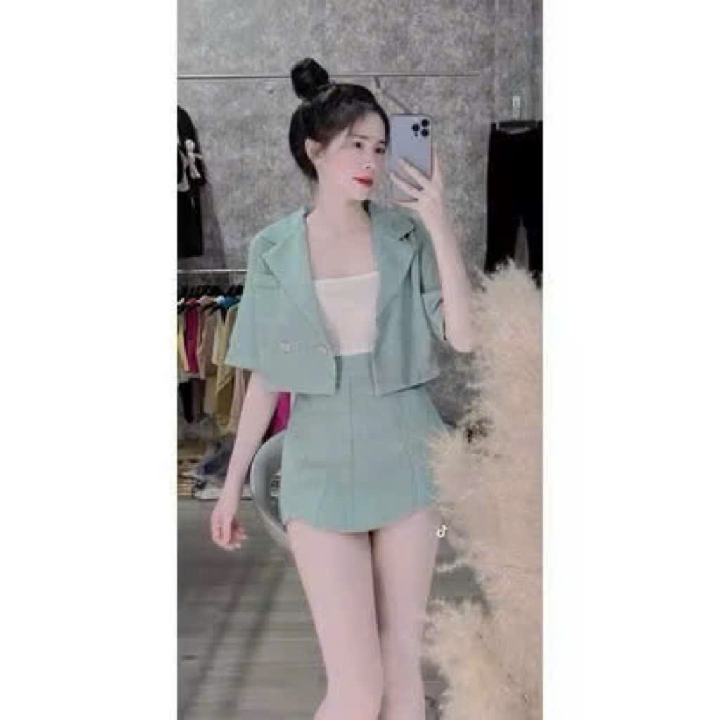 Set bộ vets thời trang nữ đi chơi đi làm chất áo tuyết mưa cổ vets tay ngắn kèm áo lót dáng váy ngắn