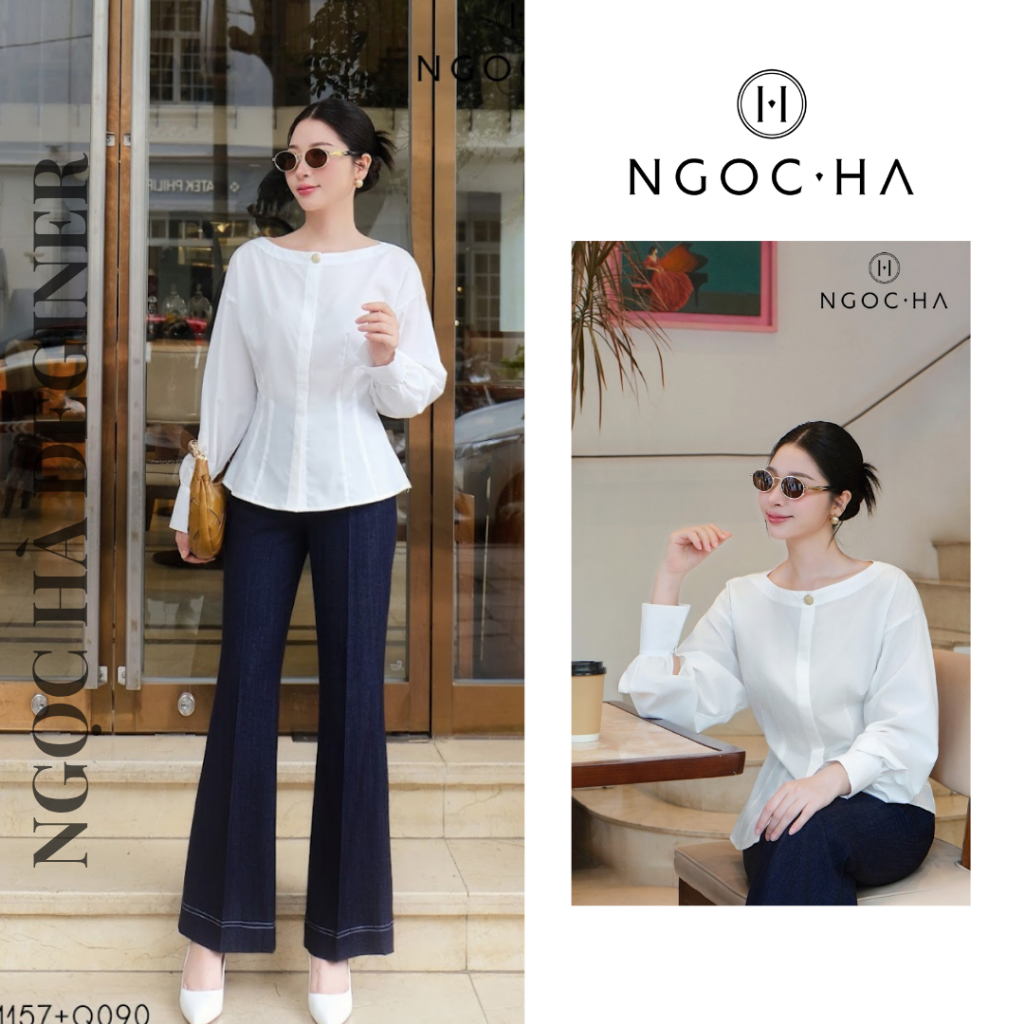 Áo Trắng Tay dài Áo kiểu Lucy Top Áo Thô Peplum basic, sang chảnh NGOC HA Design A1157