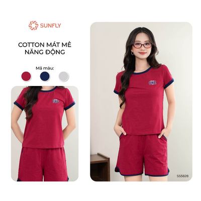 Bộ thể thao nữ SUNFLY cotton co dãn tốt áo cộc quần sooc SS5828