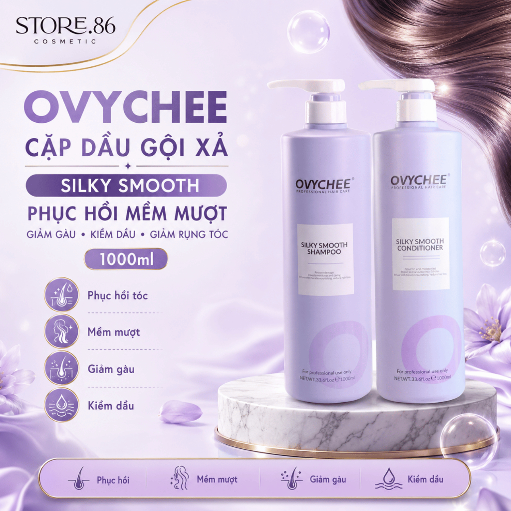 Dầu Gội Xả OVYCHEE 1000ml Silky Smooth Shampoo Phục Hồi Mềm Mượt, Giảm Gàu, Kiềm Dầu, Giảm Rụng Tóc
