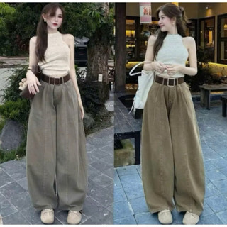 Quần bò nhúm eo ni dọc dáng nấm 95cm lưng cao ống rộng che khuyết điểm chân