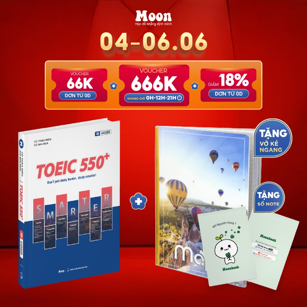 Sách Toeic 550+ ôn toeic 2 kỹ năng reading & listening 2024 -  Moonbook