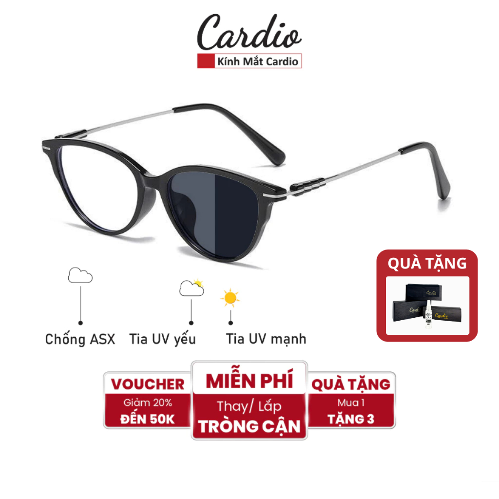 Gọng Kính Cận Dáng Mắt Mèo Chất Liệu Kim Loại Phối Nhựa Chống Tia UV Cardio, Có Độ Sẵn, Mắt Kính Cận