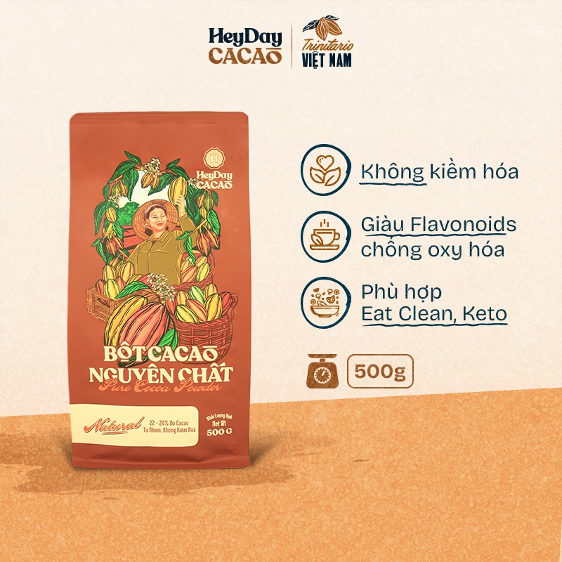 Bột Cacao Nguyên Chất 100% không đường - Túi 500g - Dòng Natural Không Kiềm Hóa - Heyday Cacao