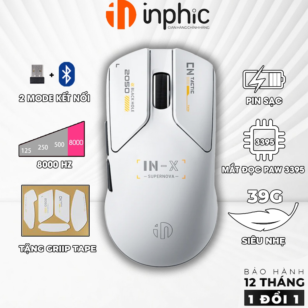 Chuột không dây gaming INPHIC INX pin sạc siêu nhẹ PWA3950 8000HZ game FPS có app wireless