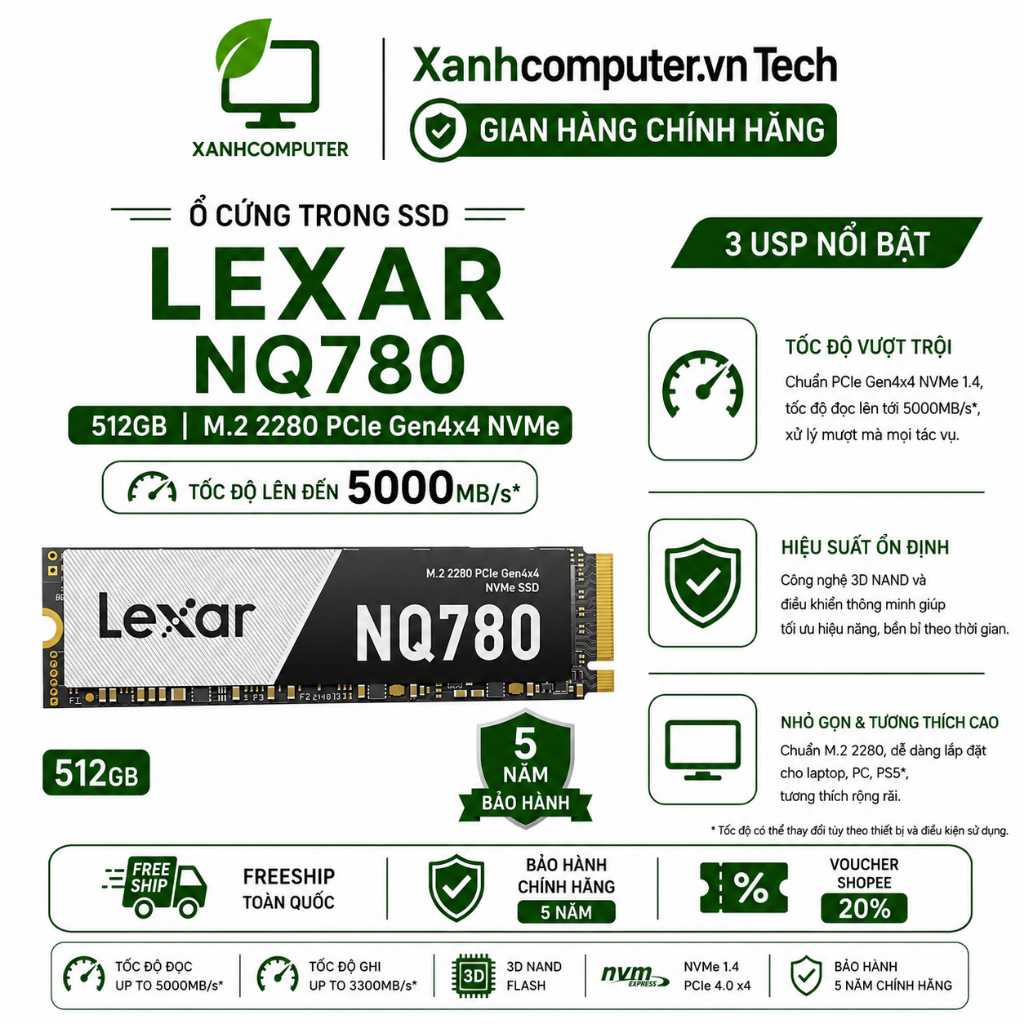 Ổ Cứng Trong SSD Lexar NQ780 512GB -  M.2 NVMe PCIe Gen4x4 5000MB/s - Hàng Chính Hãng