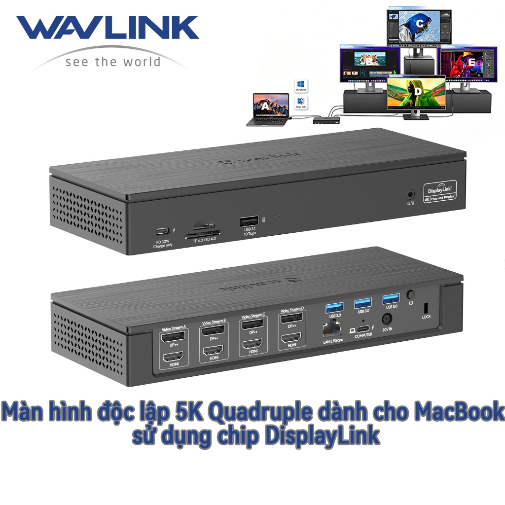 Wavlink Trạm Kết Nối USB-C 5K 18-in-1 Chip Displaylink 4 DP/HDMI Mạng 2.5G Sạc 100W USB3.0 USB 3.1