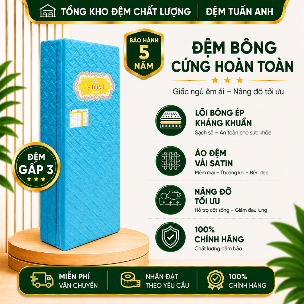 Đệm bông ép Tuấn Anh Viovi vải satin lụa chần thoáng mát nâng đỡ tối ưu bông xanh nano kháng khuẩn