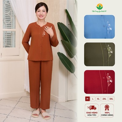 Bộ lanh tole trung niên mặc nhà Việt Thắng, quần dài, áo cổ tàu thêu, đồ bộ tặng mẹ tặng bà B30.5165