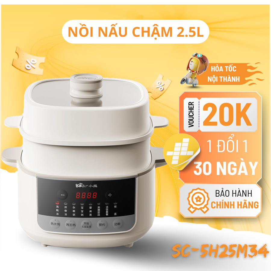 Nồi Nấu Chậm Chưng Yến Bear SC-5H25M34 2.5L 5 Thố Sứ, Đa Năng Bảo Hành Chính Hãng 18 Tháng