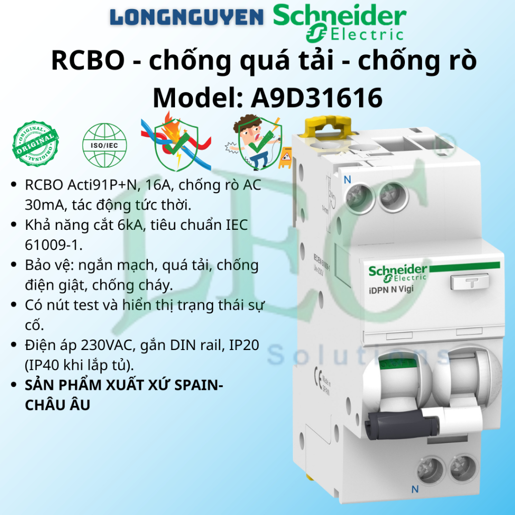 RCBO Acti9 iDPN N Vigi 1P+N 16A 6kA 30mA A9D31616 Schneider Chính Hãng