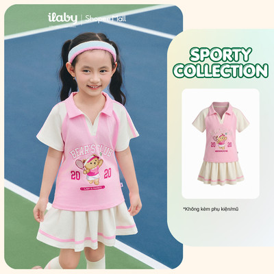 [ILABY 10-40kg] Set bộ thể thao bé gái thiết kế áo polo phối chân váy xếp ly hình gấu [4033]