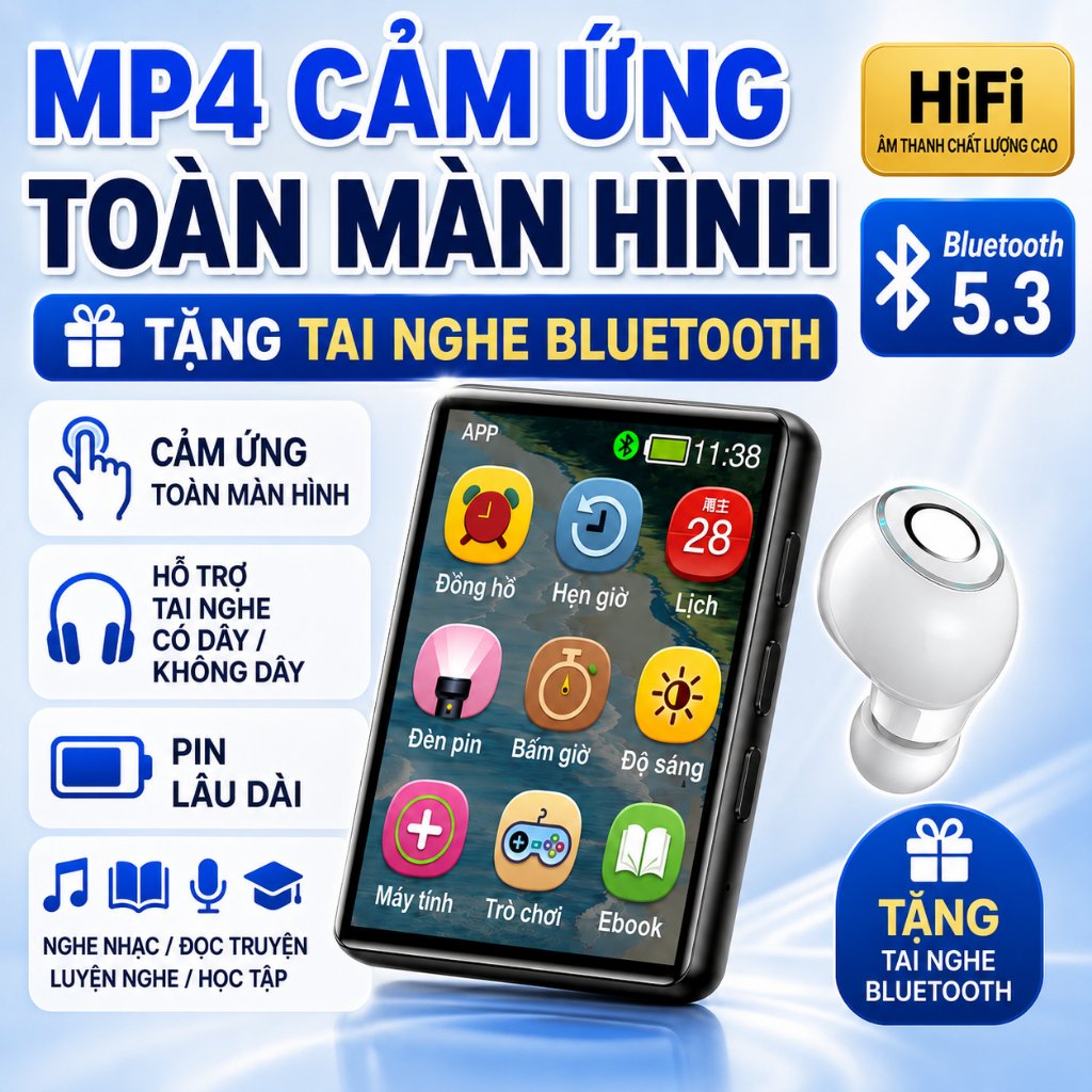Máy Nghe Nhạc MP3 Học Tiếng Anh Bluetooth 5.3 Màn Hình Cảm Ứng To 32GB/128GB Thẻ Nhớ TF Hỗ Trợ Ebook
