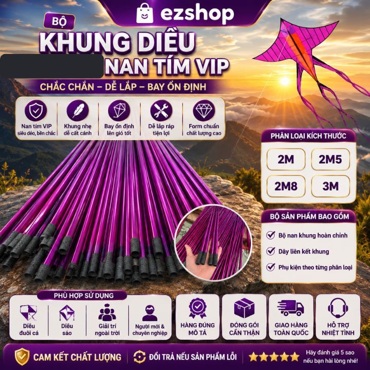 Bộ khung Diều đuôi cá nan tím víp 2m 2m5 2m8 3m (không buộc sẵn)