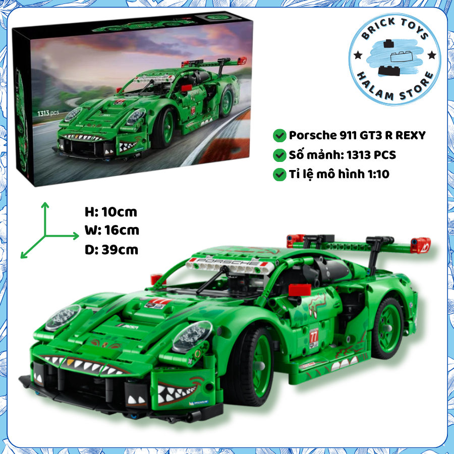 [HOT 2026] Mô hình xe đua Technic Porsche 911 GT3 R Rexy AO Racing Car lắp ráp tỉ lệ 1:10