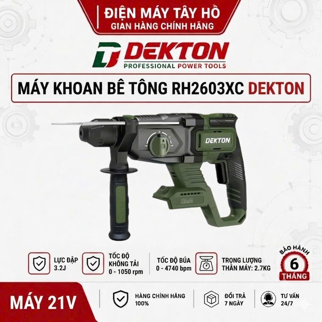 Máy khoan bê tông 3 chức năng Dekton Lực đập 3.2J_RH2603XC - chân phổ thông.
