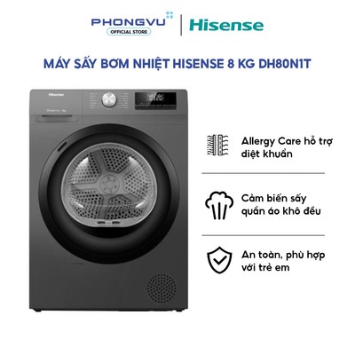 Máy sấy bơm nhiệt Hisense 8kg DH80N1T - Sấy Heatpump, Diệt khuẩn Allergy Care - Bảo hành 12 tháng