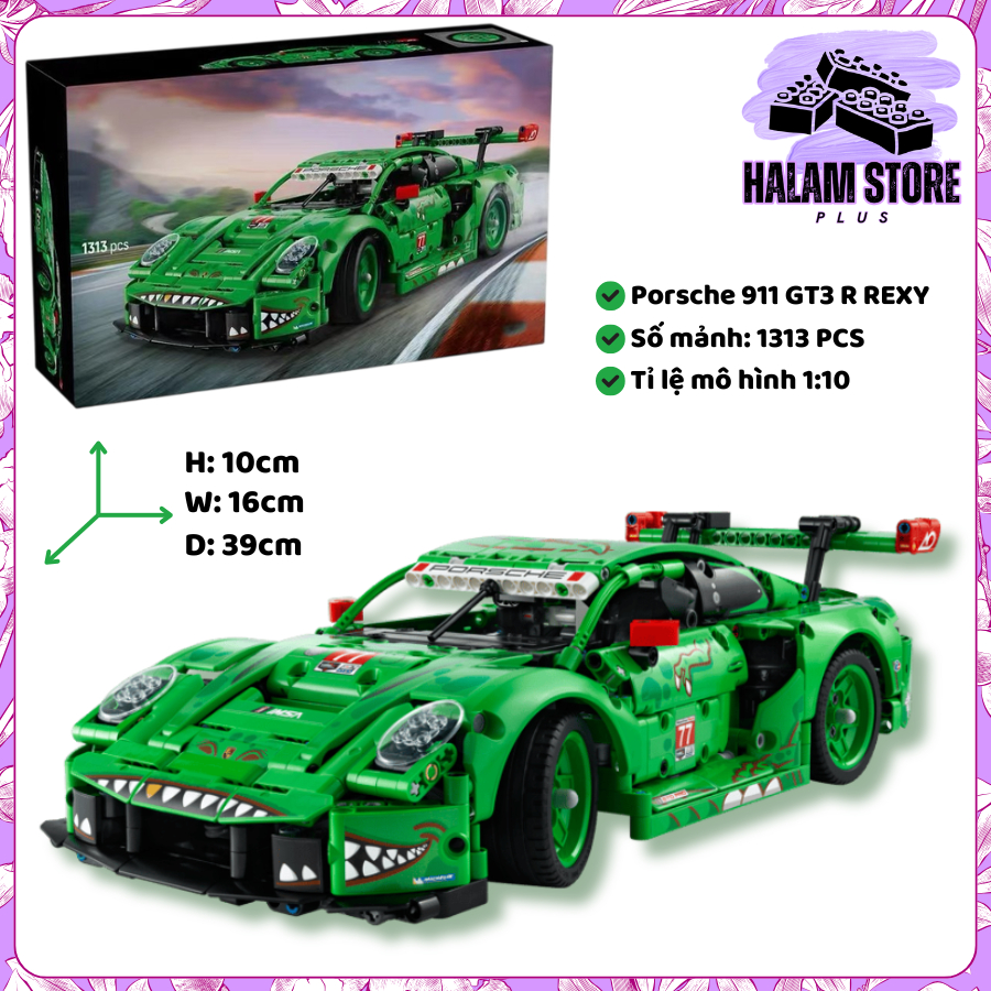 [HOT 2026] Mô hình xe đua Technic Porsche 911 GT3 R Rexy AO Racing Car lắp ráp tỉ lệ 1:10