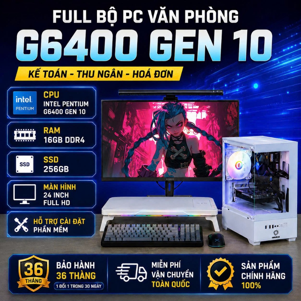 Full bộ PC văn phòng G6400 Gen 10 | Ram 16G D4 | SSD 256G | Màn 24 inch kế toán, thu ngân, hoá đơn..