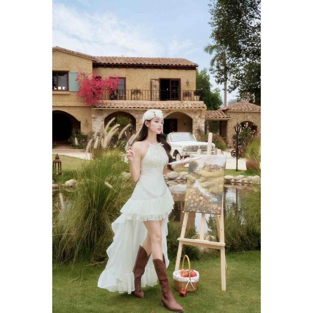 ZAMYSHOP - Váy thiết kế cổ yếm đuôi cá, chân tà mulet bay bổng điệu đà