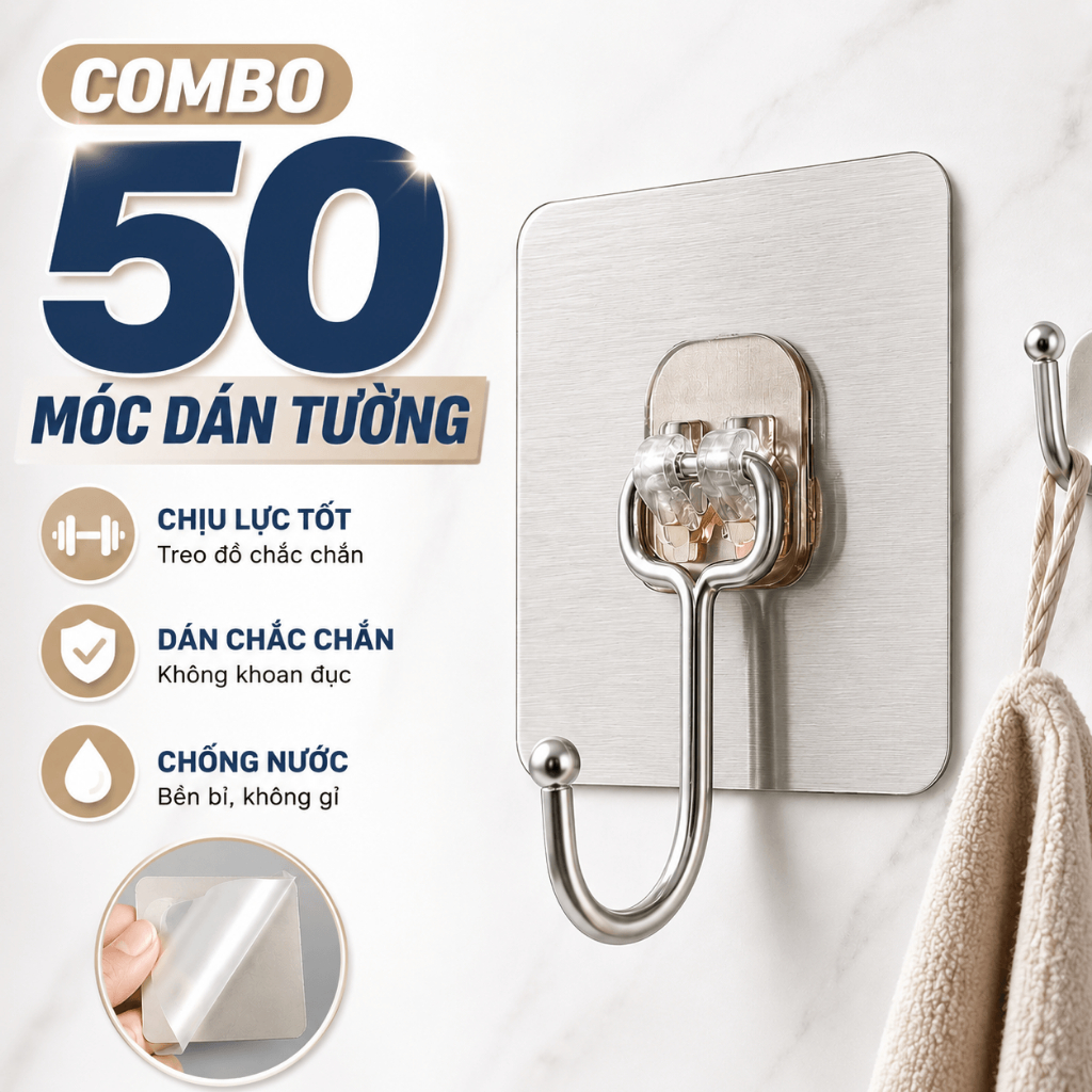 Combo 10 - 50 Móc Dán Tường Chịu Lực - Móc Treo Đồ, Quần Áo, Khăn Tắm Đa Năng