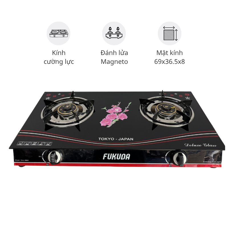 Bếp ga đôi FUKUDA - Mặt Kính - Đánh lửa Magneto không cần pin