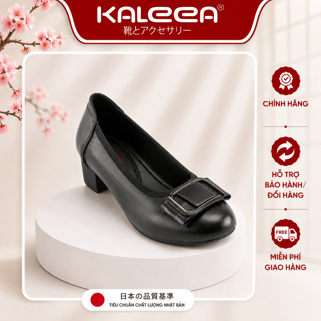 Kaleea - Giày Bệt Nữ Gót Thấp 4cm Màu Đen, Giày Phối Khóa Trang Trí Sang Trọng, Tinh Tế G26
