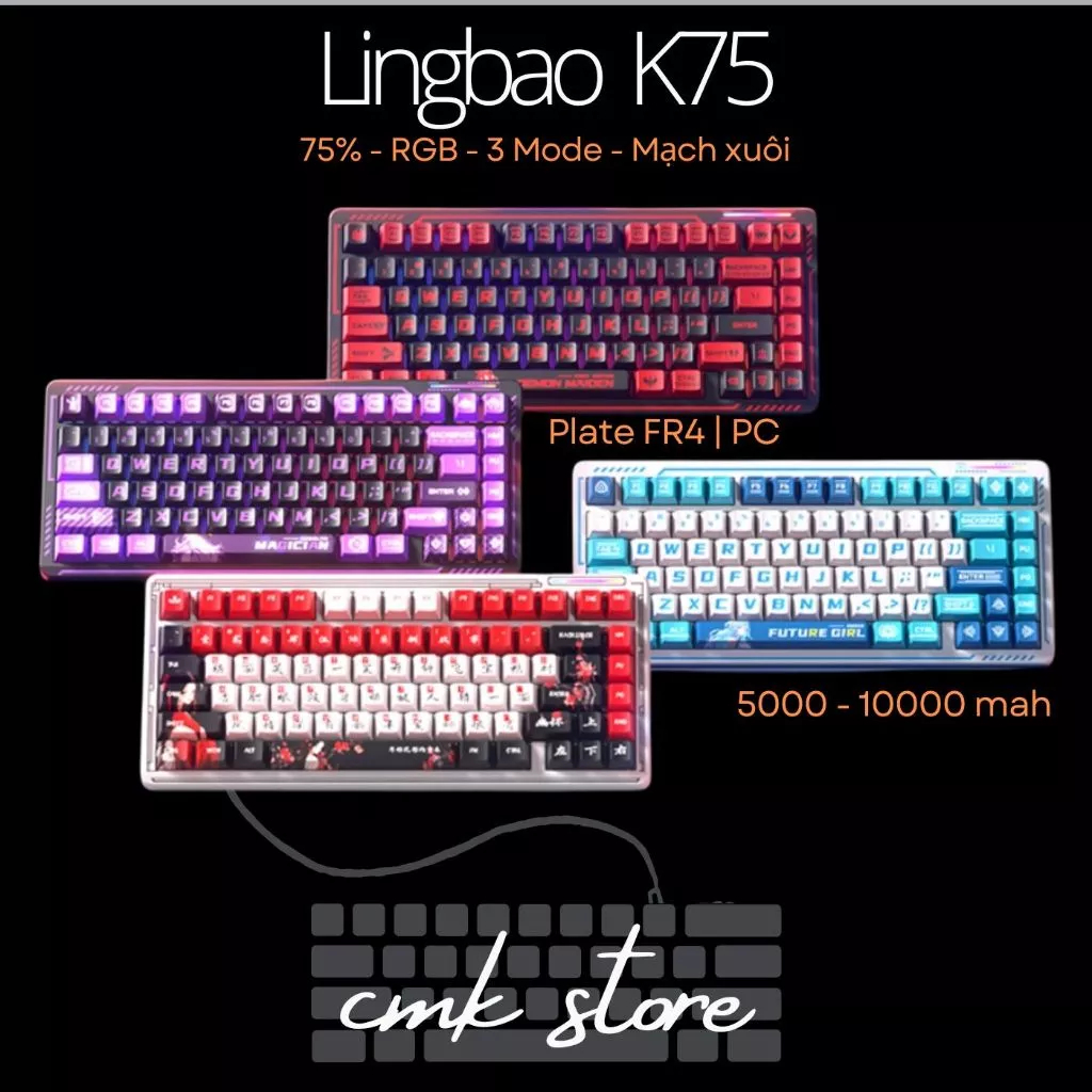 Bộ Bàn Phím Cơ Full 75% Lingbao K75 - 3 Mode - RGB - Mạch Xuôi - Anime Gaming Theme Siêu Đẹp