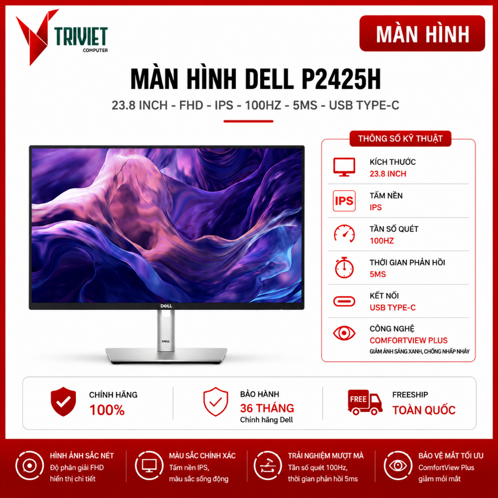 Màn Hình Dell P2425H (23.8 inch - FHD - IPS - 100Hz - 5ms - USB TypeC) Chân Đế Công Thái Học