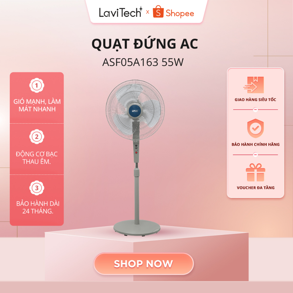 Quạt Đứng AC ASF05A163 - Công Suất 55W - Động Cơ Bạc Thau - Gió Mạnh 3 Cấp Độ | Bảo hành 24 tháng