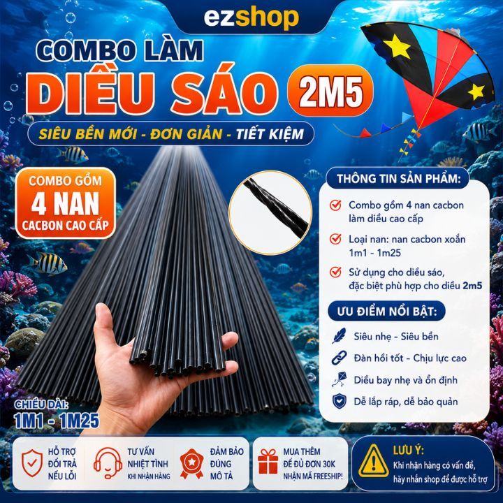 Bộ 4 Nan Diều Sáo Carbon Siêu Nhẹ Bền Chắc Dễ Lắp Đặt Cho Diều Sáo
