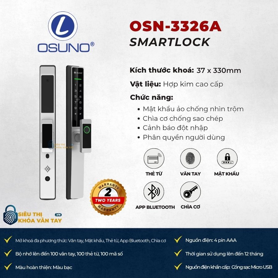 [LĐ HCM] Khoá Vân Tay Osuno OSN-3326A Cho Cửa Nhôm Xingfa,Mở Vân Tay Mật Khẩu Thẻ Từ, BH 24 Tháng