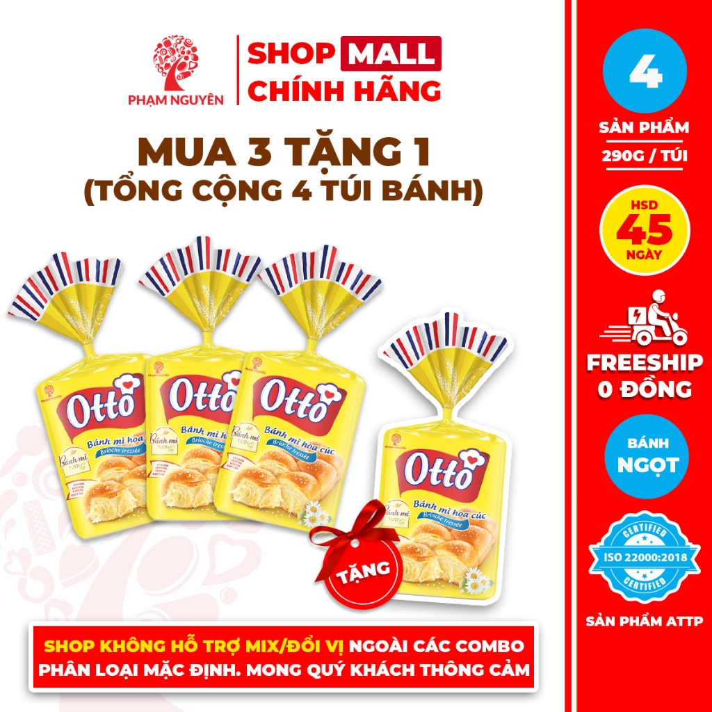 [MUA 3 TẶNG 1] Tổng cộng 4 Túi Bánh mì Hoa Cúc Otto Phạm Nguyên - Otto Brioche Tressée 290g