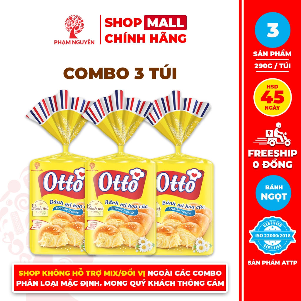 Combo 3 Túi Bánh mì Hoa Cúc Otto Phạm Nguyên - Otto Brioche Tressée 290g | Bánh ăn sáng | Đồ ăn vặt